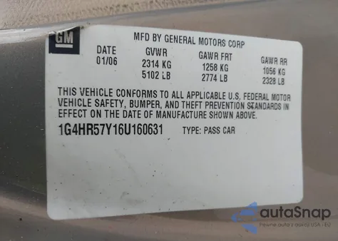 2006 Buick Lucerne Cxl z USA, uszkodzony, nr VIN 1G4HR57Y16U160631